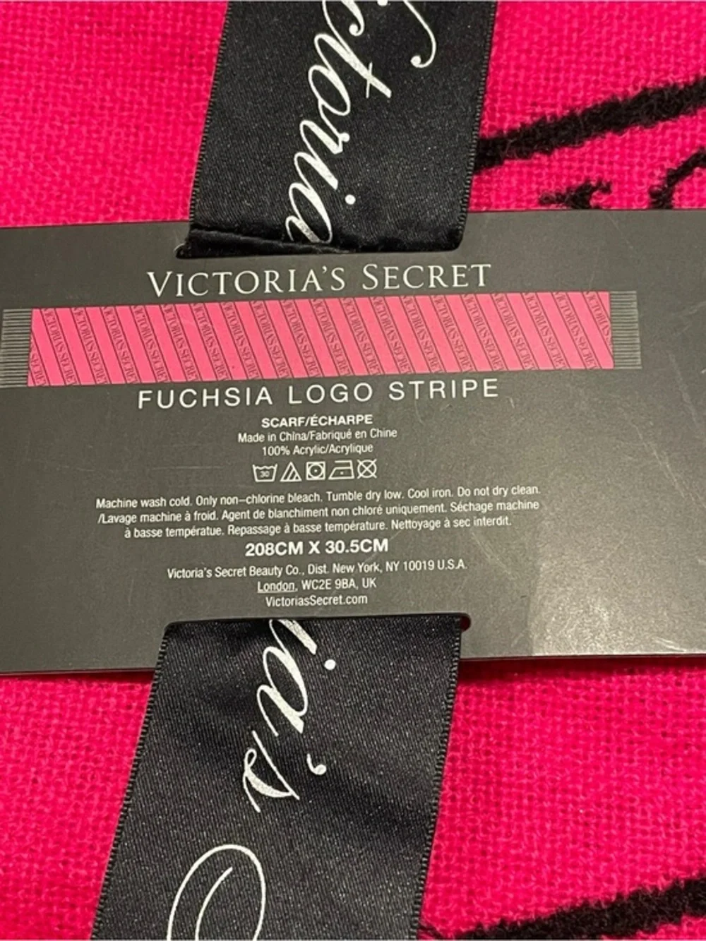 NEW Victoria's Secret Scarf Fuchsia Logo Stripe Pink Victoria Angel Collection